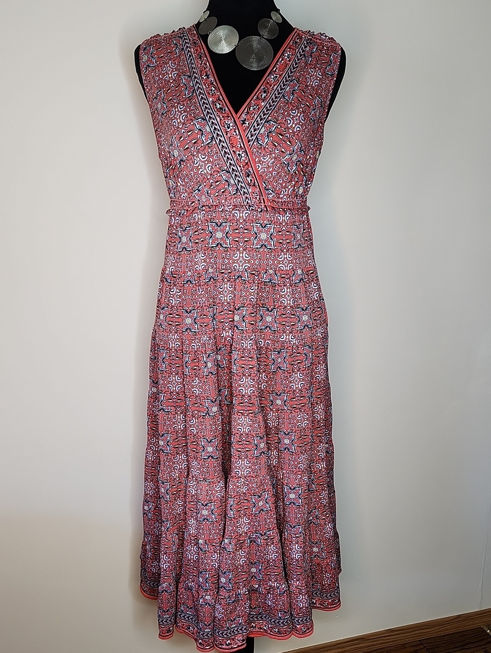 Max Studio Red Floral Midi Dress Boho Flowy Empire Waist Size Small